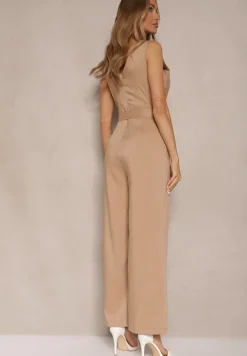 Ciemnobeżowy Kopertowy Kombinezon z Bawełną Ozdobiony Paskiem Evianaria