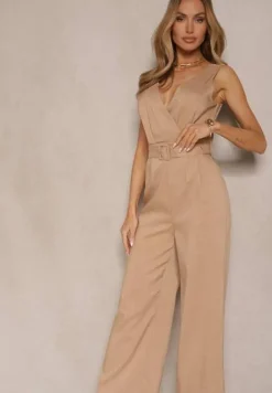 Ciemnobeżowy Kopertowy Kombinezon z Bawełną Ozdobiony Paskiem Evianaria