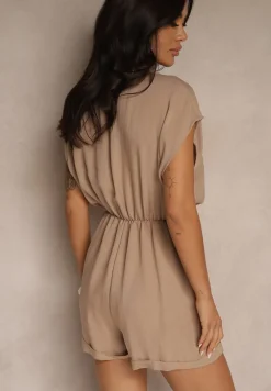Ciemnobeżowy Krótki Kombinezon z Kopertowym Dekoltem z Wiskozy Ariamia