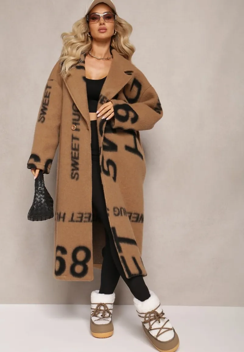 Ciemnobeżowy Luźny Płaszcz Wełniany w Ozdobny Nadruk Misganna