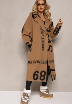 Ciemnobeżowy Luźny Płaszcz Wełniany w Ozdobny Nadruk Misganna