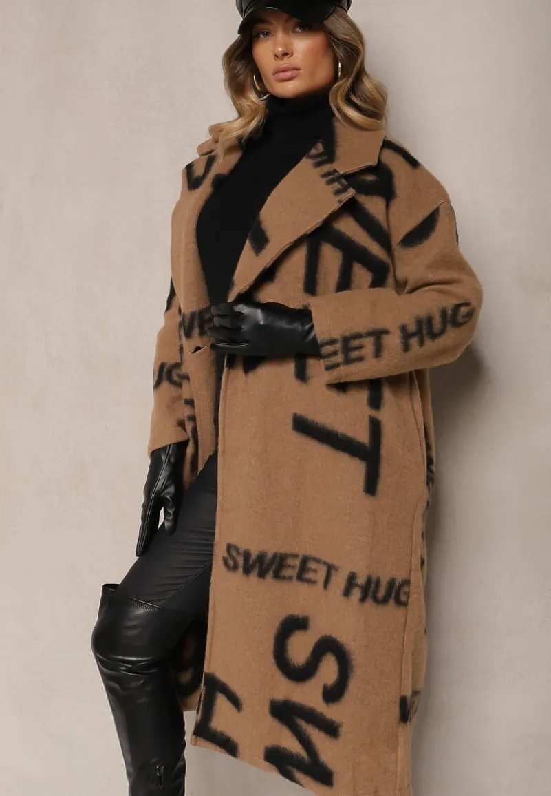 Ciemnobeżowy Luźny Płaszcz Wełniany w Ozdobny Nadruk Misganna
