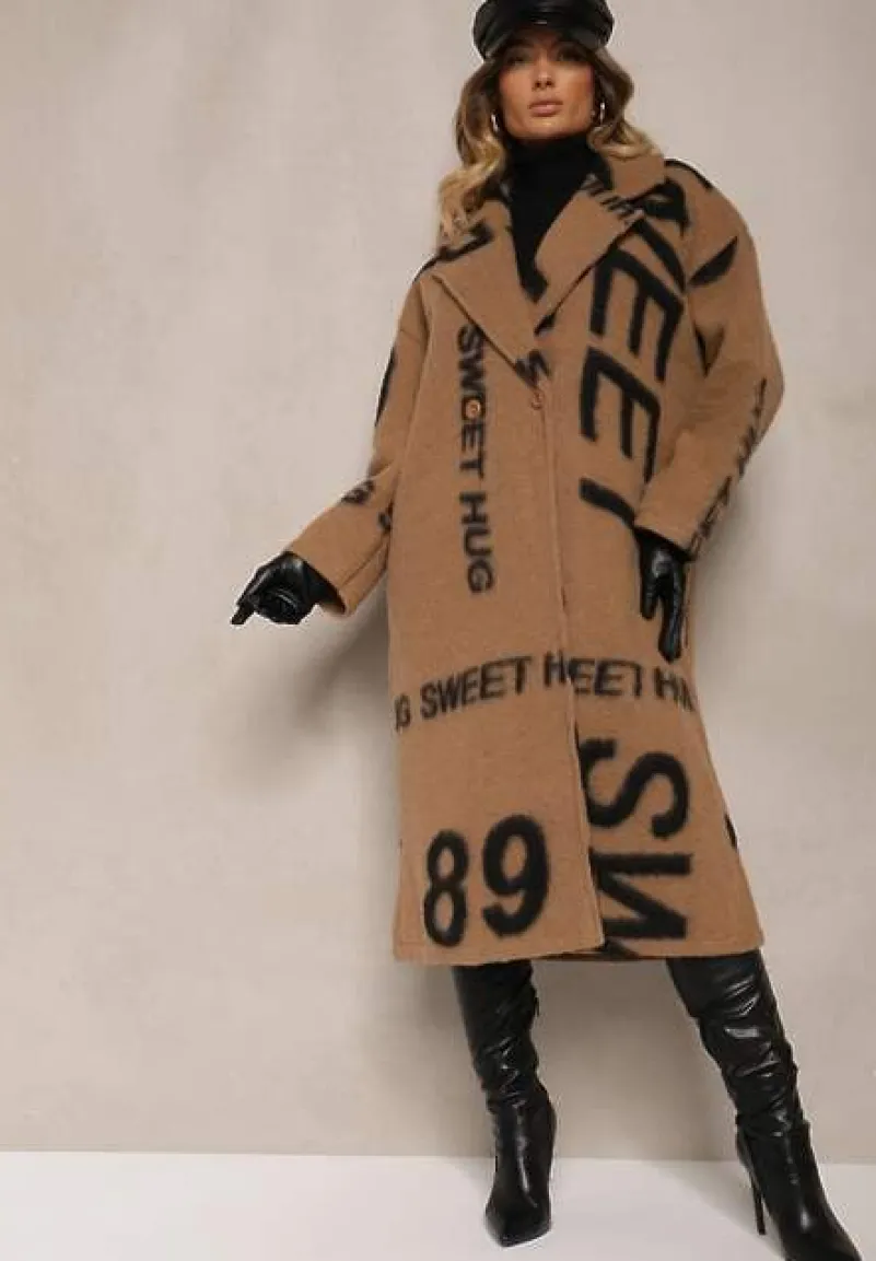 Ciemnobeżowy Luźny Płaszcz Wełniany w Ozdobny Nadruk Misganna