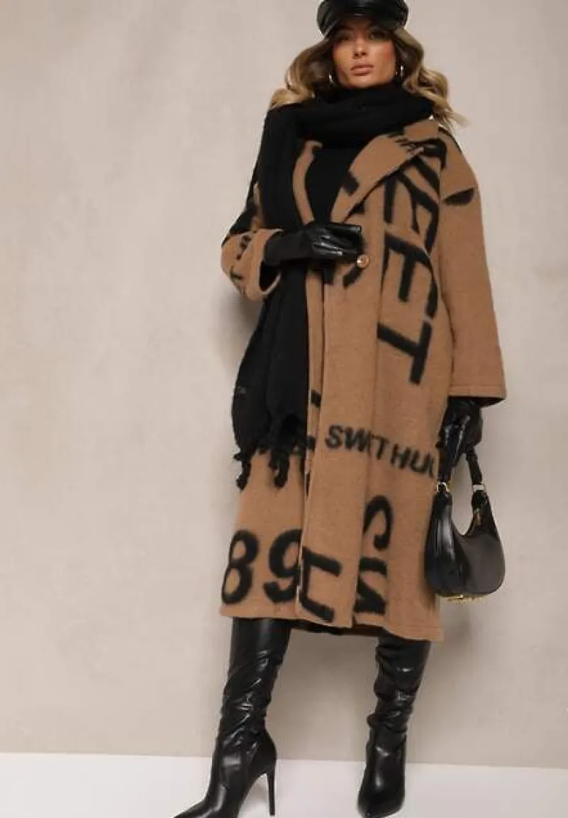 Ciemnobeżowy Luźny Płaszcz Wełniany w Ozdobny Nadruk Misganna