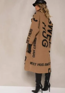 Ciemnobeżowy Luźny Płaszcz Wełniany w Ozdobny Nadruk Misganna