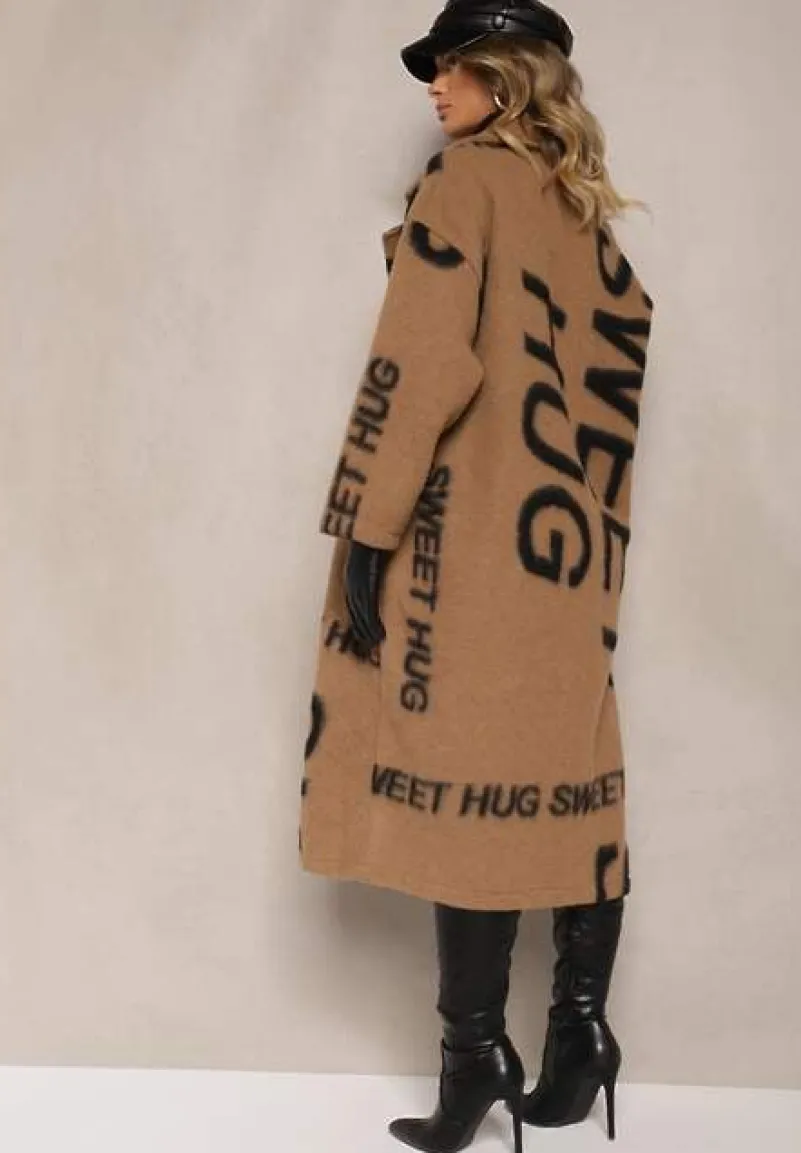 Ciemnobeżowy Luźny Płaszcz Wełniany w Ozdobny Nadruk Misganna
