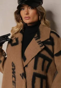 Ciemnobeżowy Luźny Płaszcz Wełniany w Ozdobny Nadruk Misganna