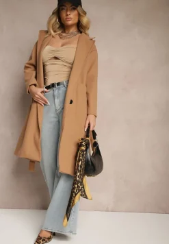 Ciemnobeżowy Płaszcz Dwurzędowy Wiązany Meollie