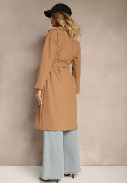 Ciemnobeżowy Płaszcz Dwurzędowy Wiązany Meollie