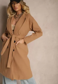 Ciemnobeżowy Płaszcz Dwurzędowy Wiązany Meollie