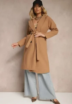 Ciemnobeżowy Płaszcz Dwurzędowy Wiązany Meollie