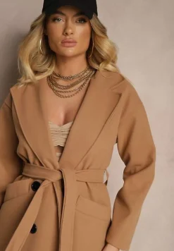 Ciemnobeżowy Płaszcz Dwurzędowy Wiązany Meollie