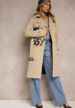 Ciemnobeżowy Płaszcz Dwurzędowy Trencz z Wiskozą Ozdobiony Napisem i Paskiem Janisella