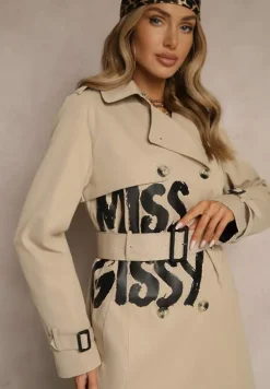 Ciemnobeżowy Płaszcz Dwurzędowy Trencz z Wiskozą Ozdobiony Napisem i Paskiem Janisella