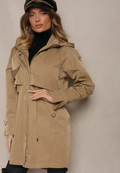 Ciemnobeżowy Płaszcz Kurtka Parka z Kapturem i Ściągaczem w Talii Verfia
