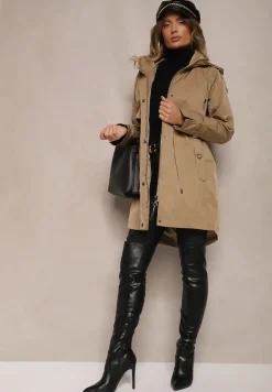 Ciemnobeżowy Płaszcz Kurtka Parka z Kapturem i Ściągaczem w Talii Verfia