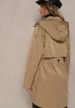 Ciemnobeżowy Płaszcz Kurtka Parka z Kapturem i Ściągaczem w Talii Verfia