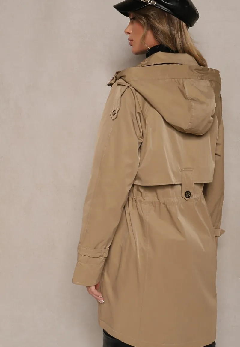 Ciemnobeżowy Płaszcz Kurtka Parka z Kapturem i Ściągaczem w Talii Verfia