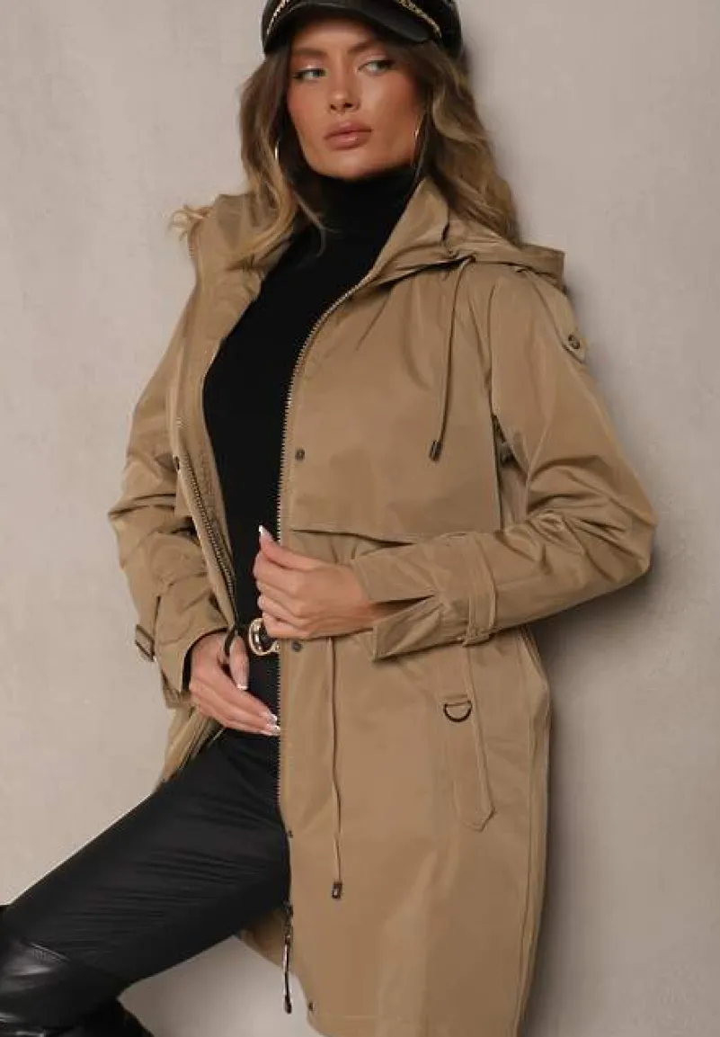 Ciemnobeżowy Płaszcz Kurtka Parka z Kapturem i Ściągaczem w Talii Verfia