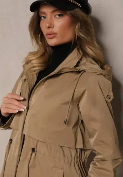 Ciemnobeżowy Płaszcz Kurtka Parka z Kapturem i Ściągaczem w Talii Verfia