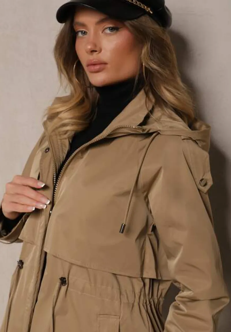 Ciemnobeżowy Płaszcz Kurtka Parka z Kapturem i Ściągaczem w Talii Verfia