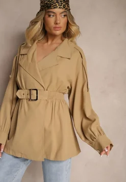 Ciemnobeżowy Płaszcz o Krótkim Fasonie z Paskiem i Elastyczną Talią oraz Bufiastymi Rękawami Pathia