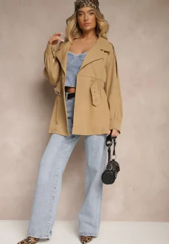 Ciemnobeżowy Płaszcz o Krótkim Fasonie z Paskiem i Elastyczną Talią oraz Bufiastymi Rękawami Pathia