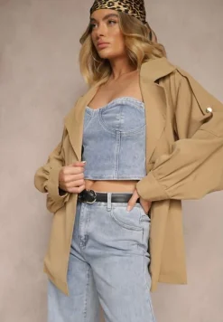 Ciemnobeżowy Płaszcz o Krótkim Fasonie z Paskiem i Elastyczną Talią oraz Bufiastymi Rękawami Pathia