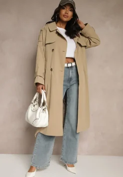 Ciemnobeżowy Płaszcz Trencz o Dwurzędowym Kroju z Rozcięciem i Klapą Wiązany w Talii Valezi