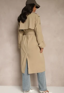 Ciemnobeżowy Płaszcz Trencz o Dwurzędowym Kroju z Rozcięciem i Klapą Wiązany w Talii Valezi