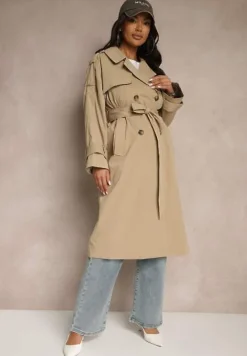 Ciemnobeżowy Płaszcz Trencz o Dwurzędowym Kroju z Rozcięciem i Klapą Wiązany w Talii Valezi