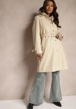 Ciemnobeżowy Płaszcz Trencz z Paskiem w Talii i Kieszeniami Mailora