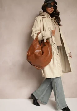 Ciemnobeżowy Płaszcz Trencz z Paskiem w Talii i Kieszeniami Mailora