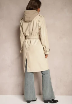 Ciemnobeżowy Płaszcz Trencz z Paskiem w Talii i Kieszeniami Mailora