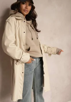 Ciemnobeżowy Płaszcz Trencz z Paskiem w Talii i Kieszeniami Mailora