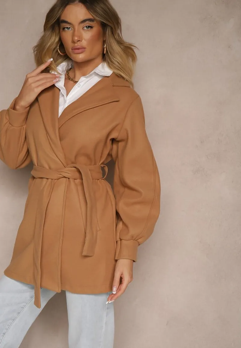 Ciemnobeżowy Płaszcz z Wiązanym Paskiem i Bufiastym Rękawem Agnage