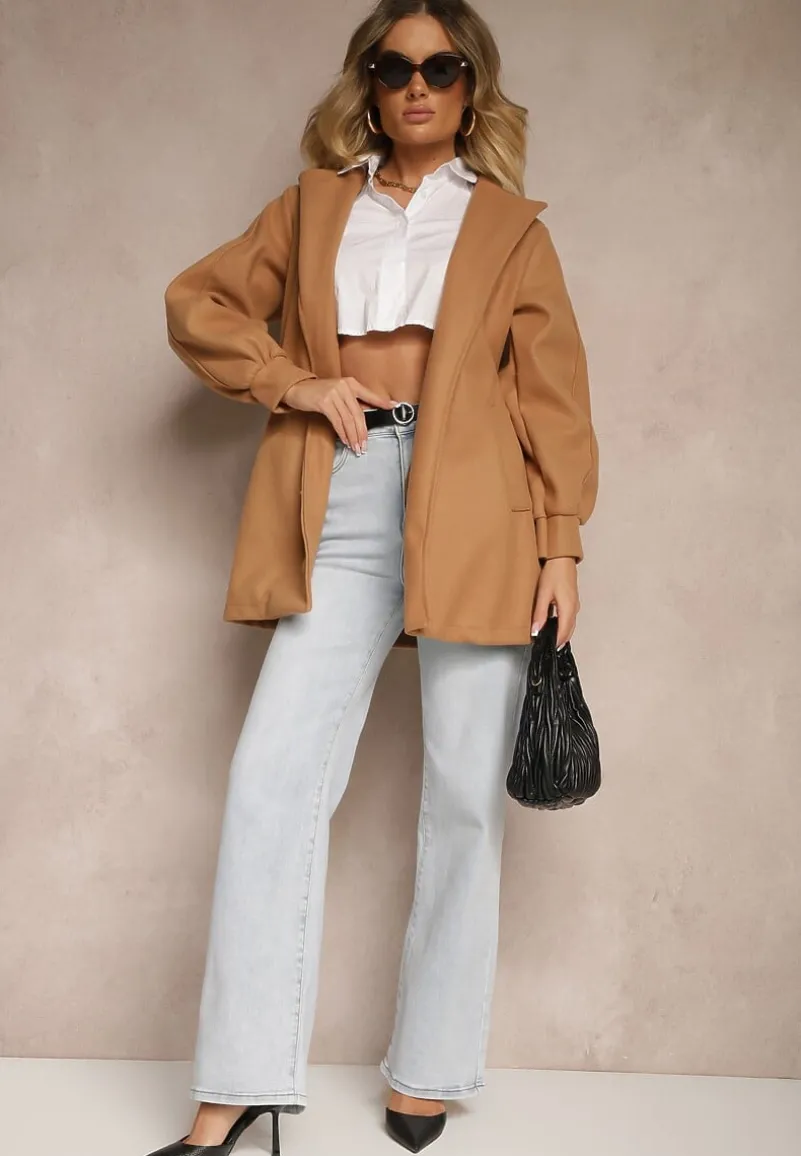 Ciemnobeżowy Płaszcz z Wiązanym Paskiem i Bufiastym Rękawem Agnage