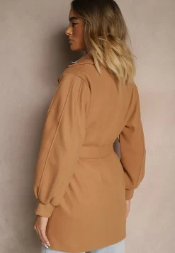 Ciemnobeżowy Płaszcz z Wiązanym Paskiem i Bufiastym Rękawem Agnage