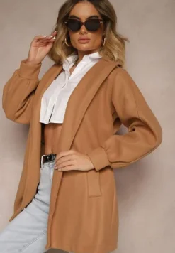 Ciemnobeżowy Płaszcz z Wiązanym Paskiem i Bufiastym Rękawem Agnage