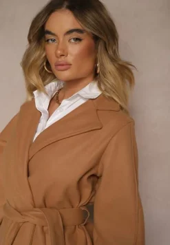 Ciemnobeżowy Płaszcz z Wiązanym Paskiem i Bufiastym Rękawem Agnage