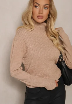 Ciemnobeżowy Prążkowany Golf z Bawełną o Klasycznym Kroju Inoriaea