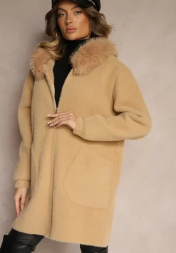 Ciemnobeżowy Rozpinany Płaszcz z Wiskozą Wełną i Futerkiem Xesalttia