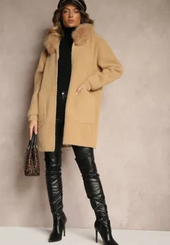 Ciemnobeżowy Rozpinany Płaszcz z Wiskozą Wełną i Futerkiem Xesalttia