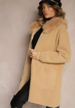 Ciemnobeżowy Rozpinany Płaszcz z Wiskozą Wełną i Futerkiem Xesalttia