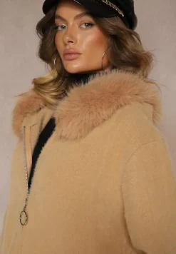 Ciemnobeżowy Rozpinany Płaszcz z Wiskozą Wełną i Futerkiem Xesalttia