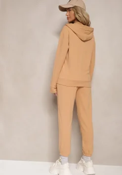 Ciemnobeżowy Sportowy Komplet Dresowy Klasyczne Spodnie i Bluza z Kapturem na Suwak Torvala