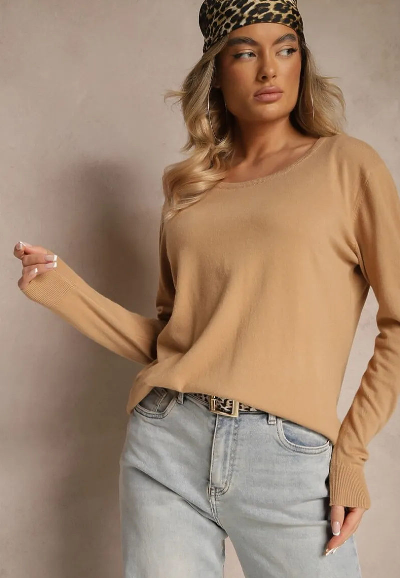 Ciemnobeżowy Sweter z Dodatkiem Kaszmiru Ozdobiony Ściągaczami Sanadora