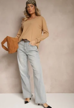 Ciemnobeżowy Sweter z Dodatkiem Kaszmiru Ozdobiony Ściągaczami Sanadora