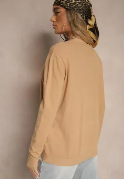 Ciemnobeżowy Sweter z Dodatkiem Kaszmiru Ozdobiony Ściągaczami Sanadora