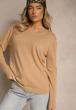 Ciemnobeżowy Sweter z Dodatkiem Kaszmiru Ozdobiony Ściągaczami Sanadora